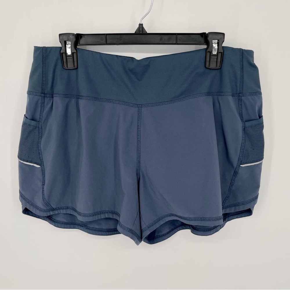 Athleta Blue Ready Set Go Athletic Shorts Womens L Pockets Split Hem Drawstring